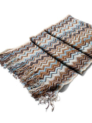 MISSONI✨ジグザグパターン マフラー ブラウン系 Missoni Knitted Chevron Striped Fringe Scarf Brown Multicolor