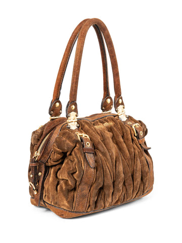 Miu Miu Logo Suede Ruched Top Handle Bag Brown-designer resale