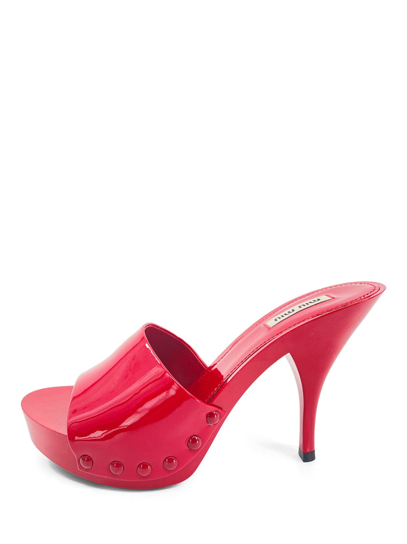 Miu Miu Patent Leather Platform Heel Clogs Red-designer resale