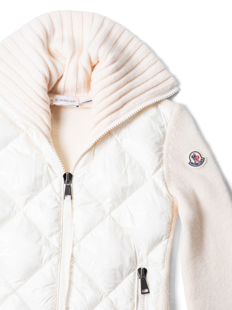 Moncler Logo Quilted Down Wool Zippered Asymmetrical Sweater Jacket Ivory-designer resale