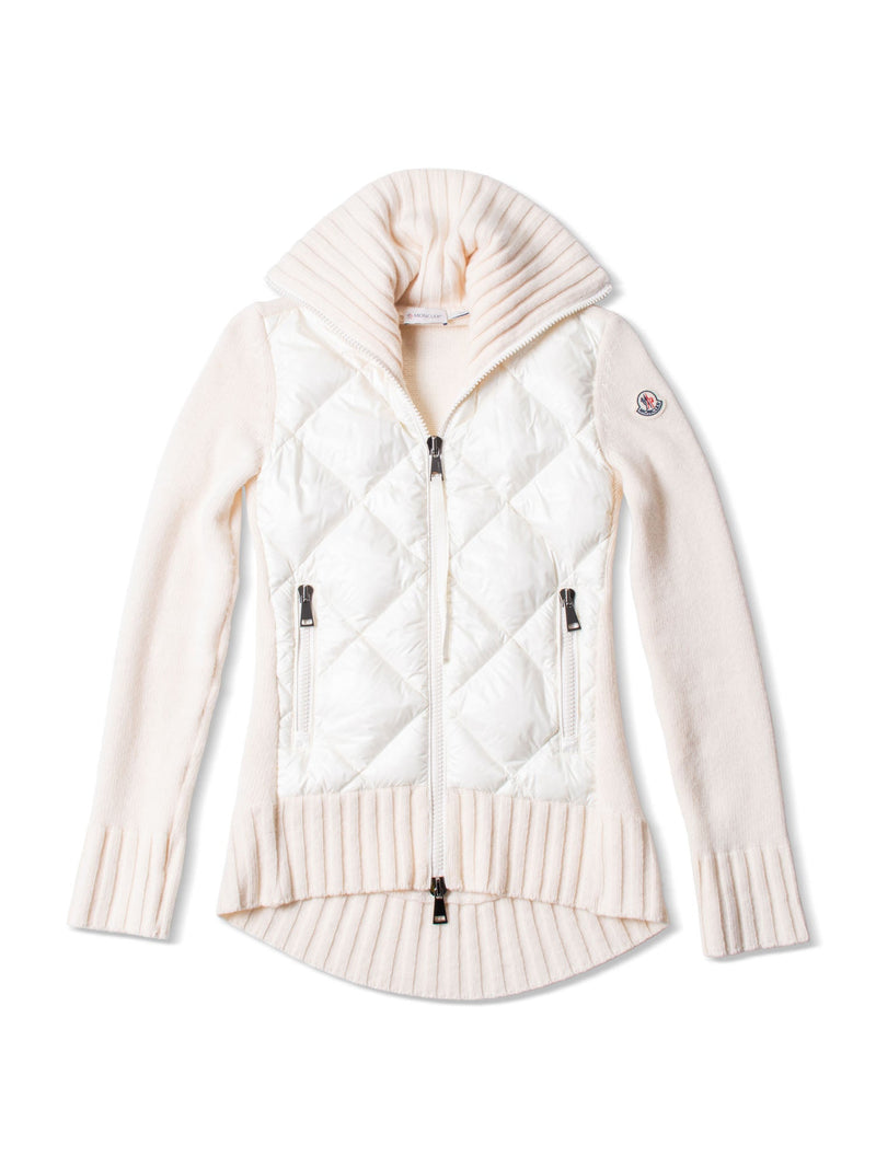 Moncler Logo Quilted Down Wool Zippered Asymmetrical Sweater Jacket Ivory-designer resale