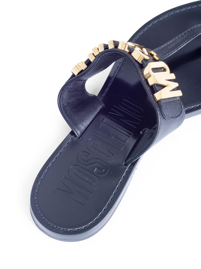 Moschino Logo Leather Slip On Sandals Black Gold-designer resale