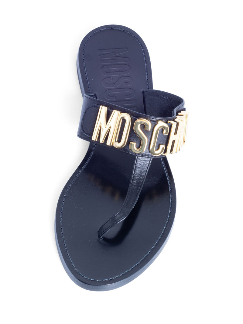 Moschino Logo Leather Slip On Sandals Black Gold-designer resale