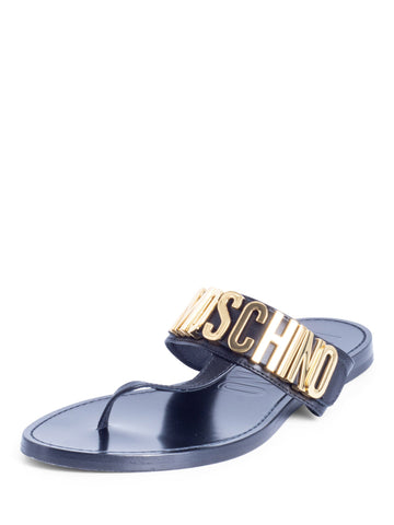 Moschino Logo Leather Slip On Sandals Black Gold-designer resale