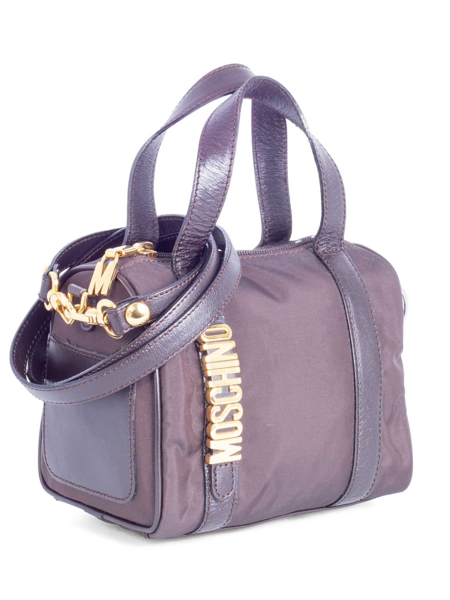 Moschino Logo Mini Boston Messenger Bag Brown Gold-designer resale
