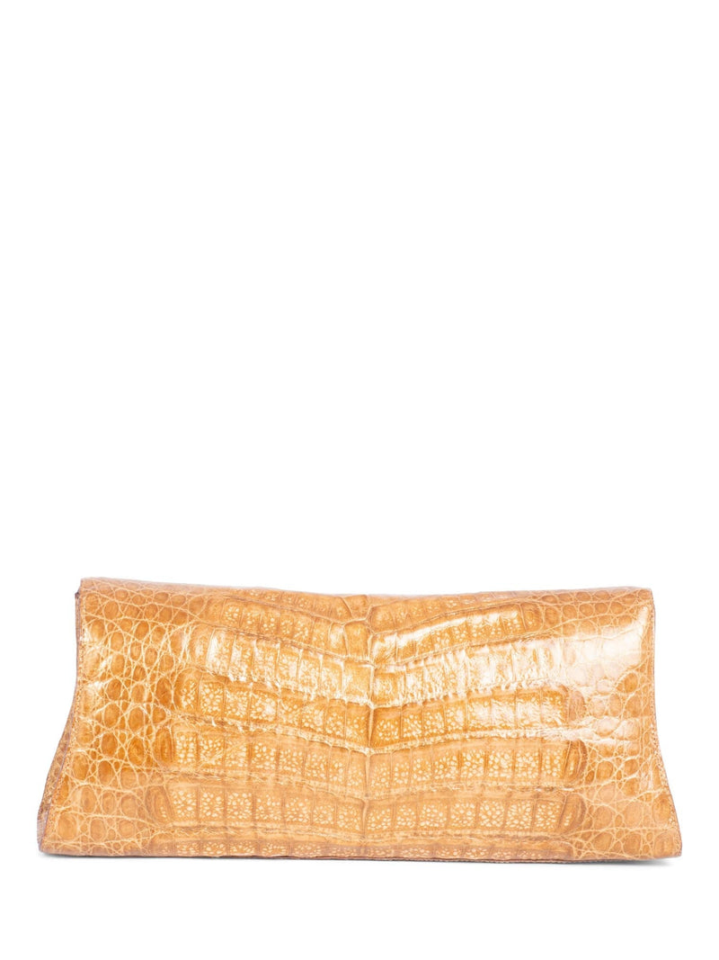 Nancy Gonzalez Shiny Crocodile Flap Clutch Gold Brown-designer resale