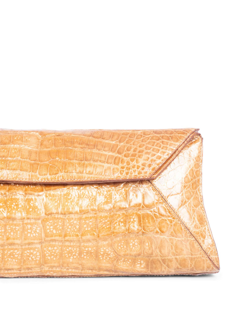 Nancy Gonzalez Shiny Crocodile Flap Clutch Gold Brown-designer resale