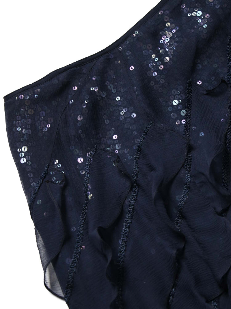 Neil Bieff Chiffon Silk Sequin Ruffled Maxi Skirt Navy-designer resale
