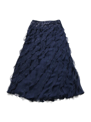 Neil Bieff Chiffon Silk Sequin Ruffled Maxi Skirt Navy-designer resale