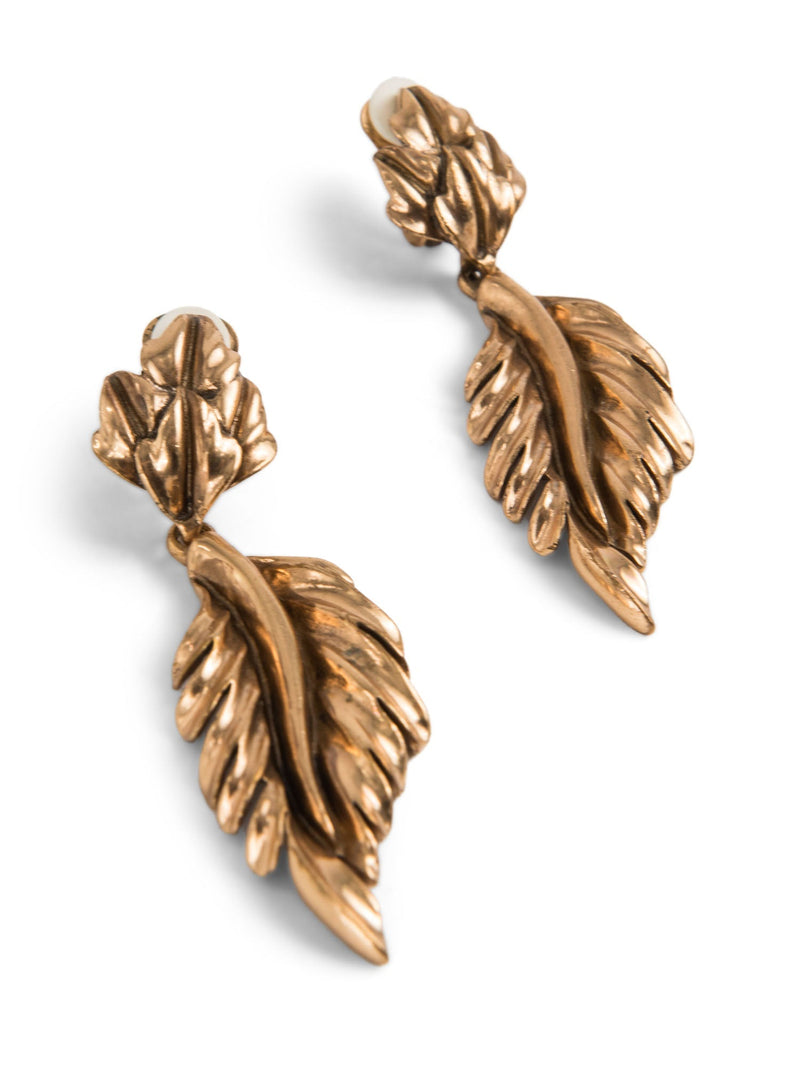 Oscar De La Renata Leaf Clip On Statement Earrings Gold-designer resale