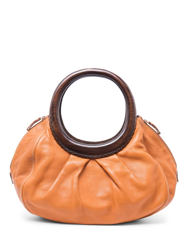 Oscar De La Renta Wood Top Handle Satchel Honey Brown-designer resale