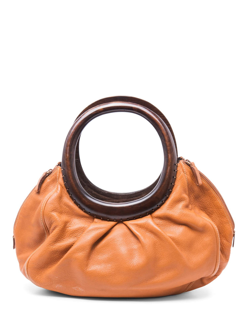 Oscar De La Renta Wood Top Handle Satchel Honey Brown-designer resale