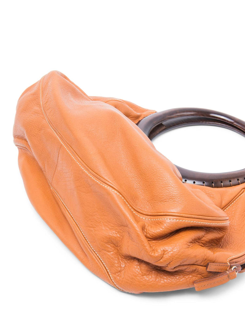 Oscar De La Renta Wood Top Handle Satchel Honey Brown-designer resale