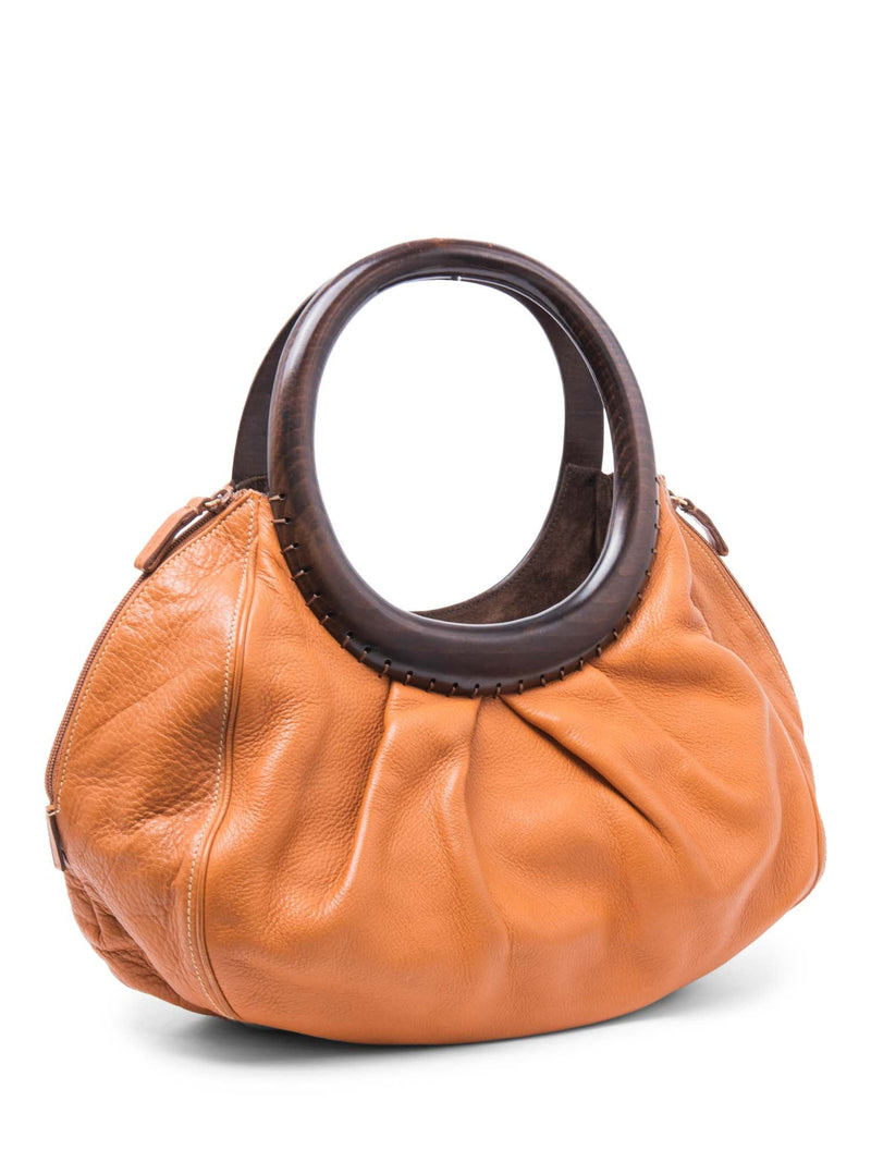 Oscar De La Renta Wood Top Handle Satchel Honey Brown-designer resale