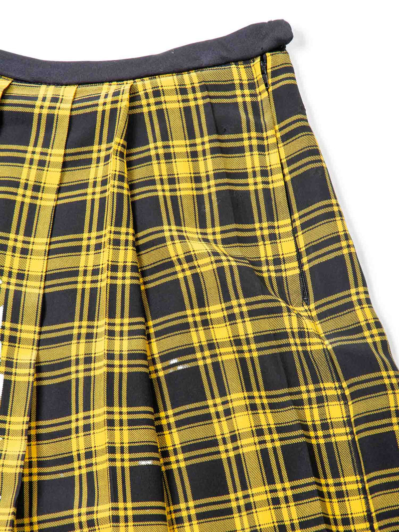 Oscar De la Renta Vintage Plaid Pleated Silk Skirt Yellow Black-designer resale