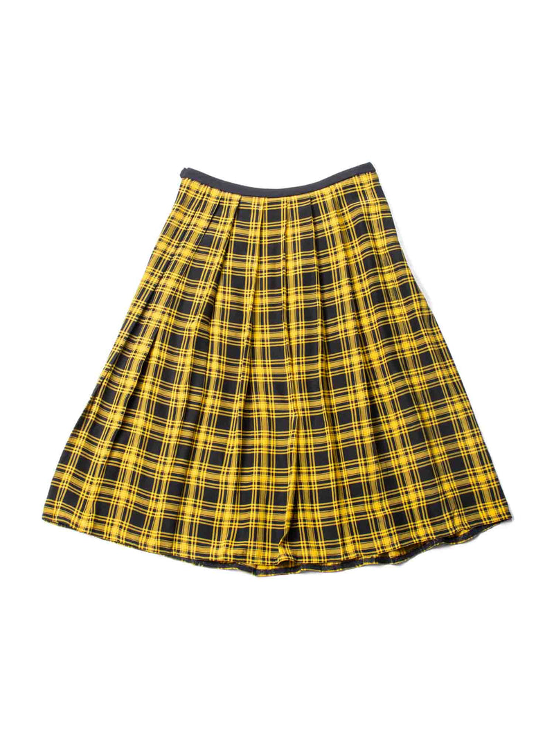 Oscar De la Renta Vintage Plaid Pleated Silk Skirt Yellow Black-designer resale