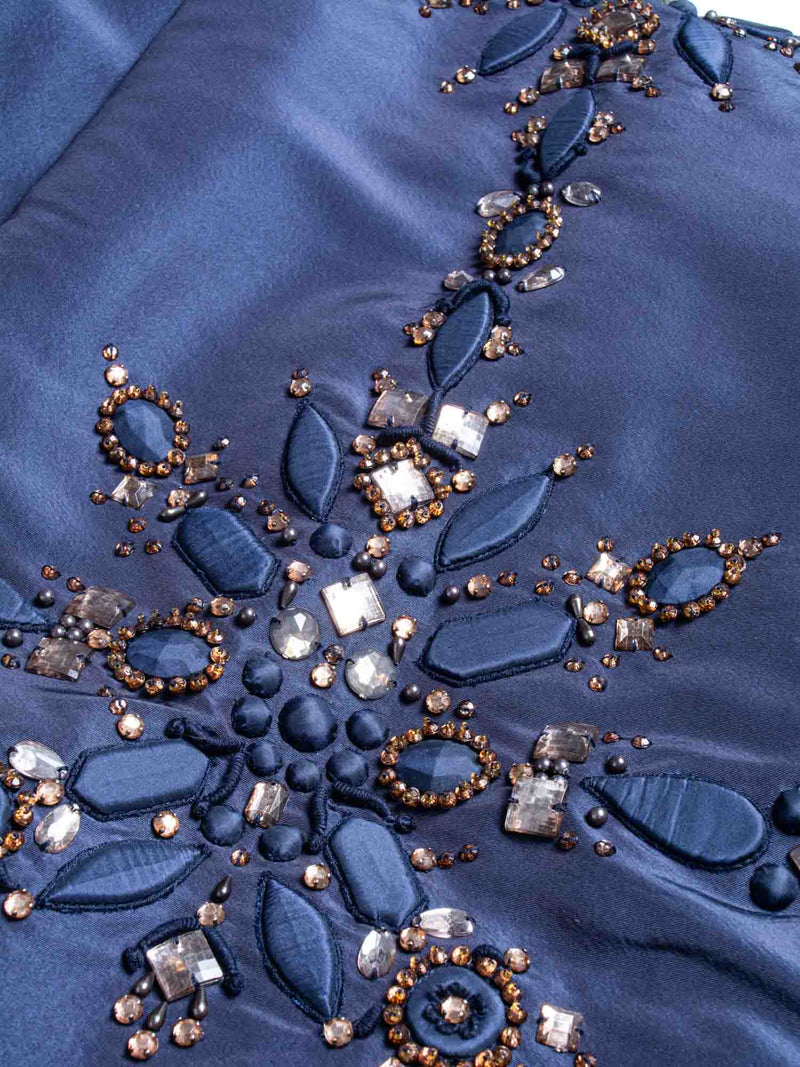 Oscar de la Renta Crystal Embroidery Taffeta Midi Dress Navy-designer resale