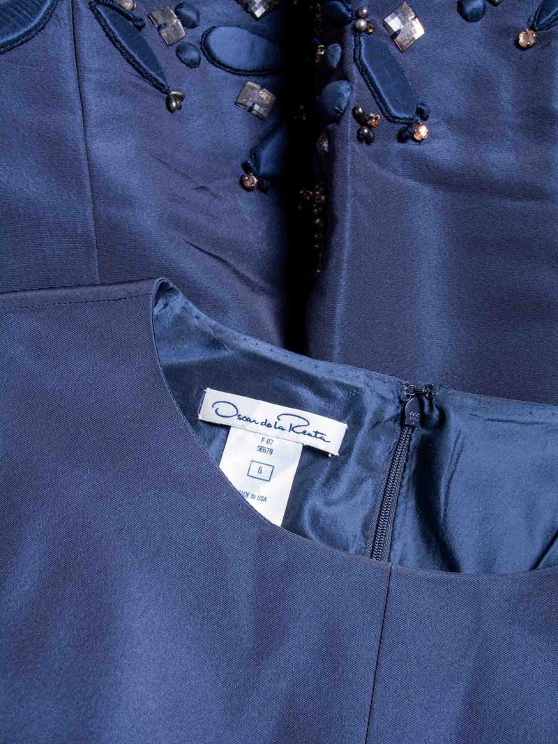 Oscar de la Renta Crystal Embroidery Taffeta Midi Dress Navy-designer resale