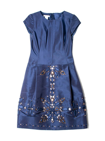 Oscar de la Renta Crystal Embroidery Taffeta Midi Dress Navy-designer resale