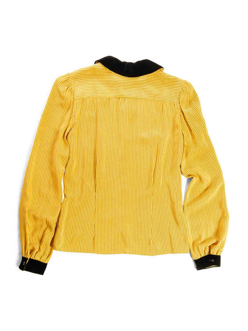 Oscar de la Renta Silk Velvet Collar Striped Blouse Yellow Black-designer resale