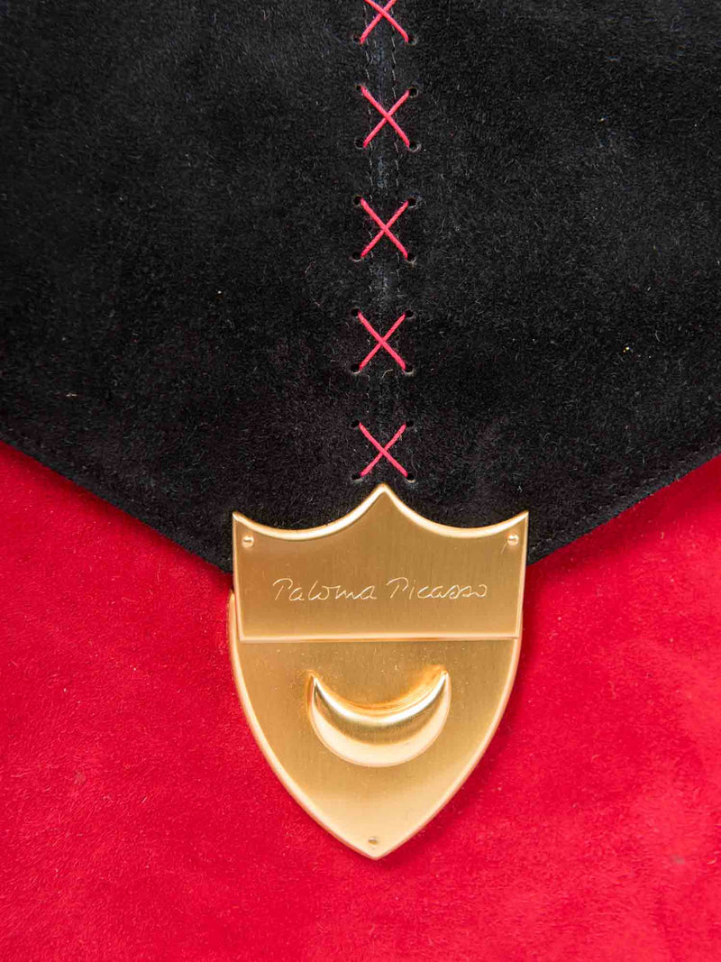 Paloma Picasso Vintage Suede Logo Stitched Shield Clasp Messenger Bag Red Black-designer resale