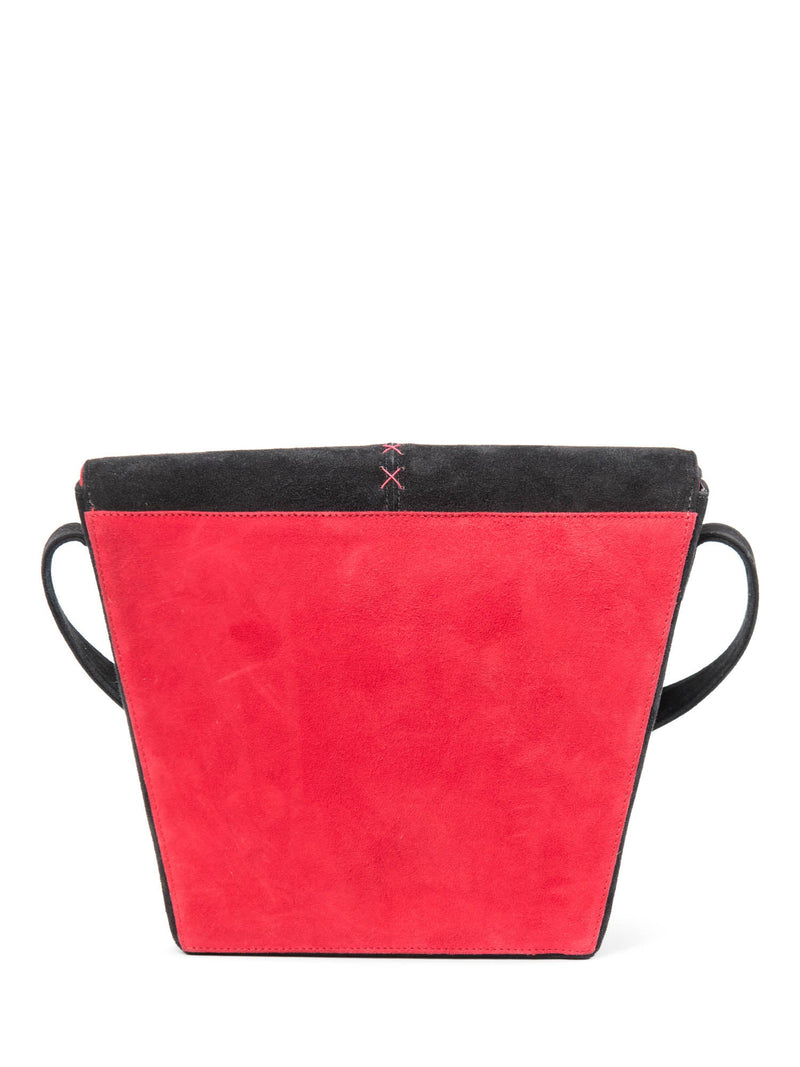 Paloma Picasso Vintage Suede Logo Stitched Shield Clasp Messenger Bag Red Black-designer resale