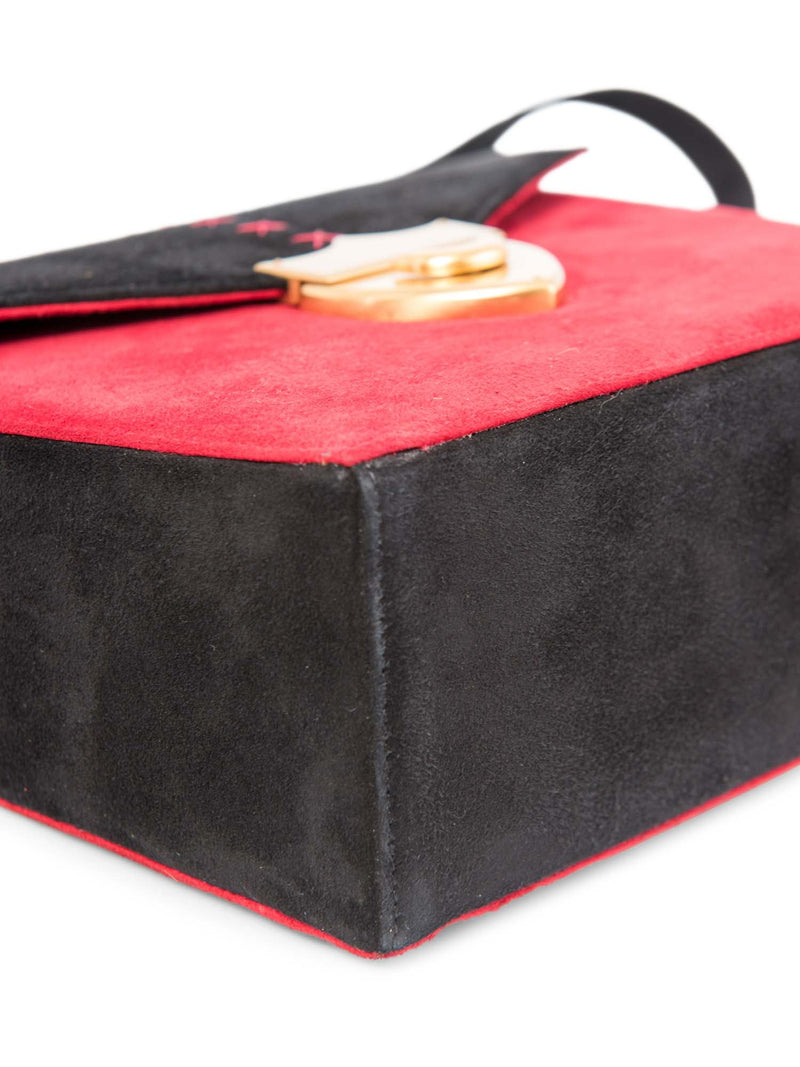 Paloma Picasso Vintage Suede Logo Stitched Shield Clasp Messenger Bag Red Black-designer resale