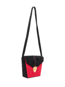 Paloma Picasso Vintage Suede Logo Stitched Shield Clasp Messenger Bag Red Black-designer resale
