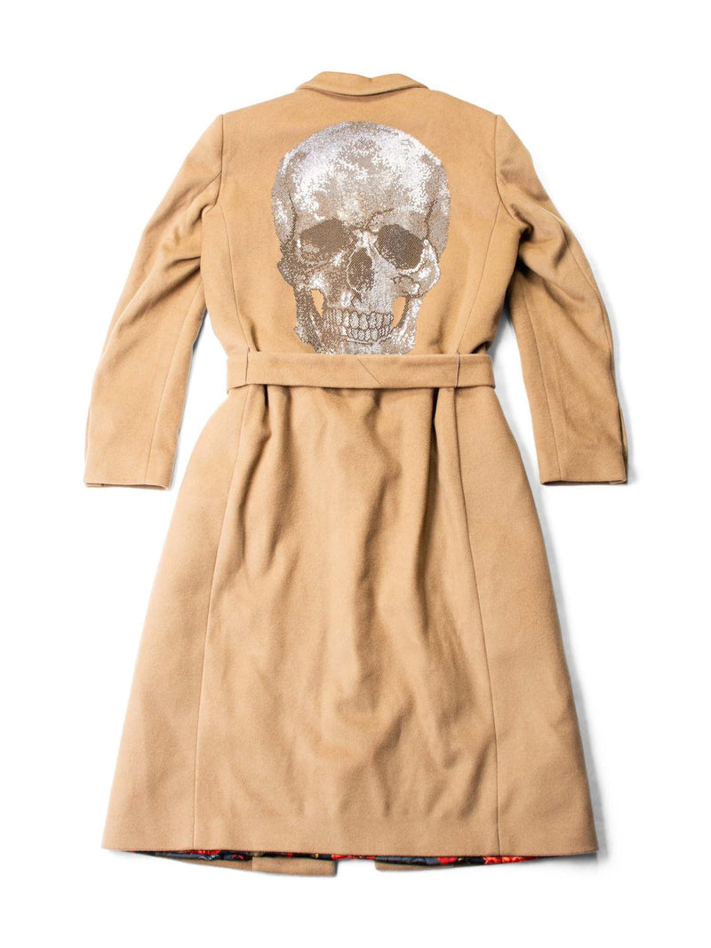 Phillip Plein Wool Rhinestone Skull Trench Coat Brown-designer resale