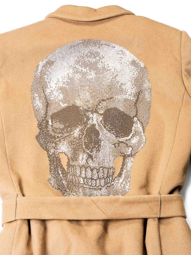 Phillip Plein Wool Rhinestone Skull Trench Coat Brown-designer resale