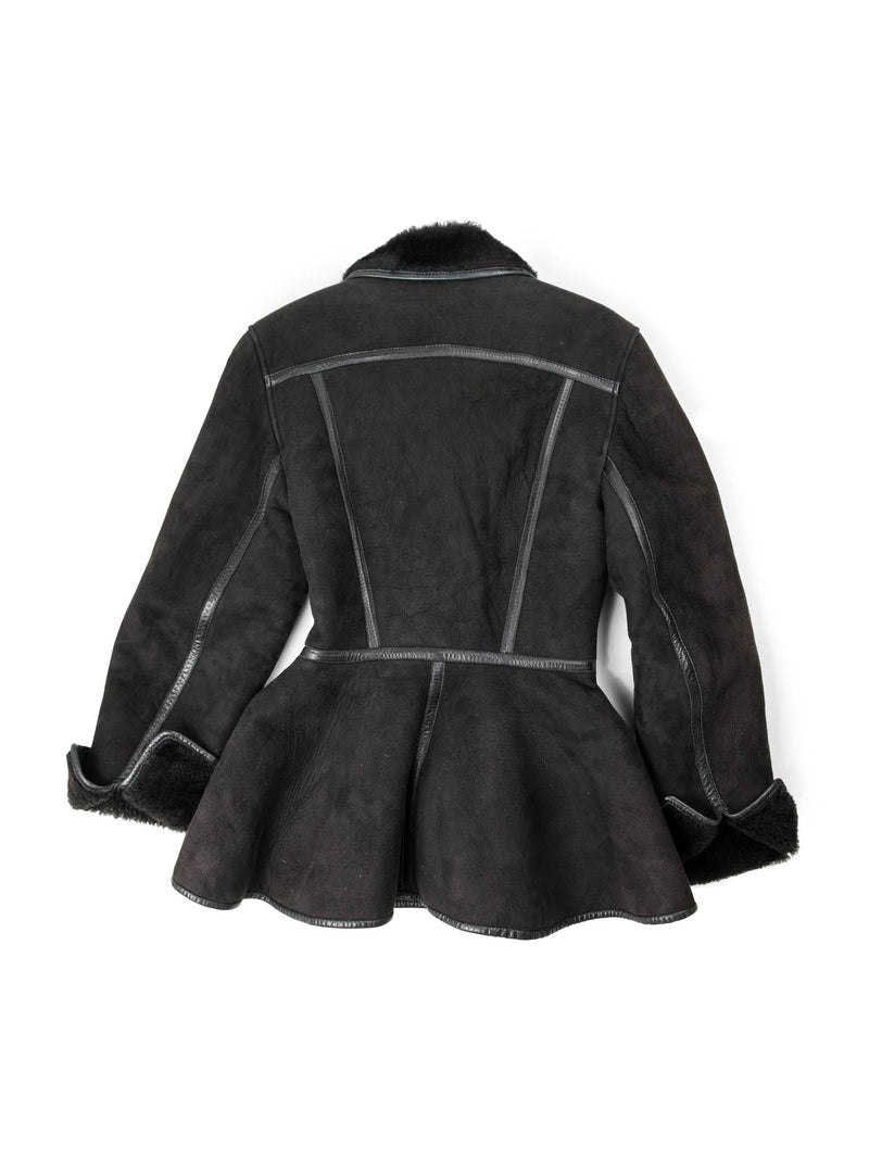 Pia Rucci Suede Shearling Leather Aline Peplum Coat Black-designer resale