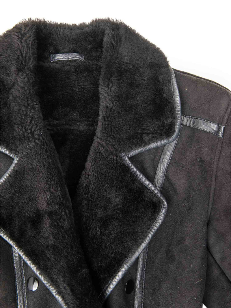 Pia Rucci Suede Shearling Leather Aline Peplum Coat Black-designer resale