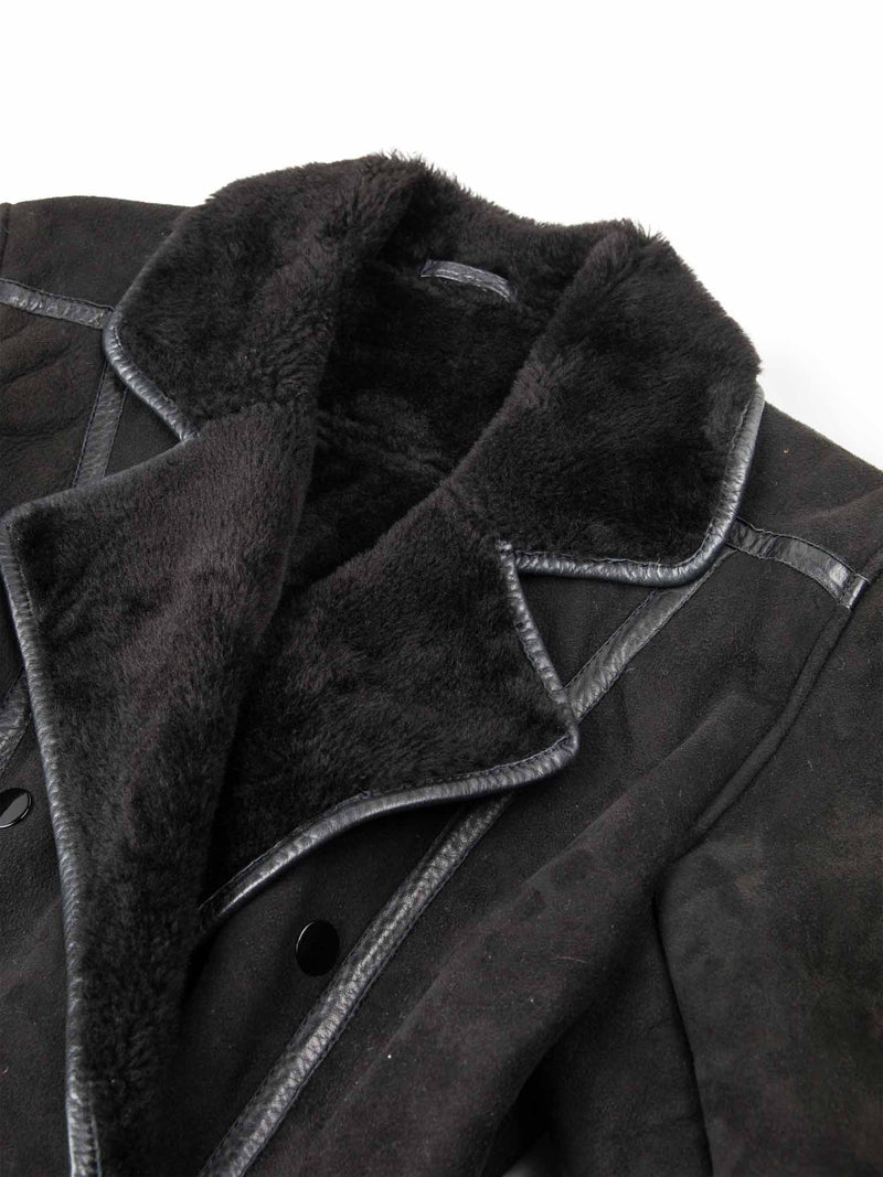 Pia Rucci Suede Shearling Leather Aline Peplum Coat Black-designer resale