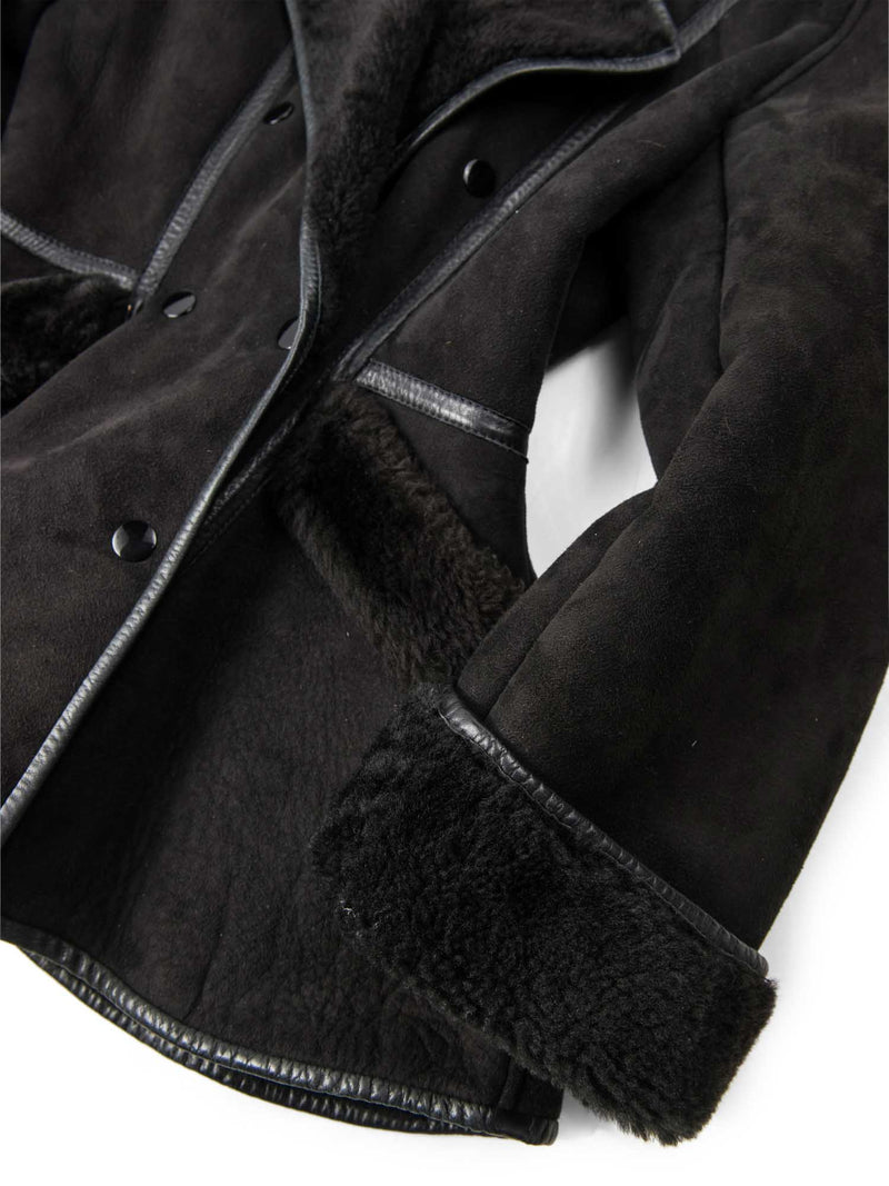 Pia Rucci Suede Shearling Leather Aline Peplum Coat Black-designer resale
