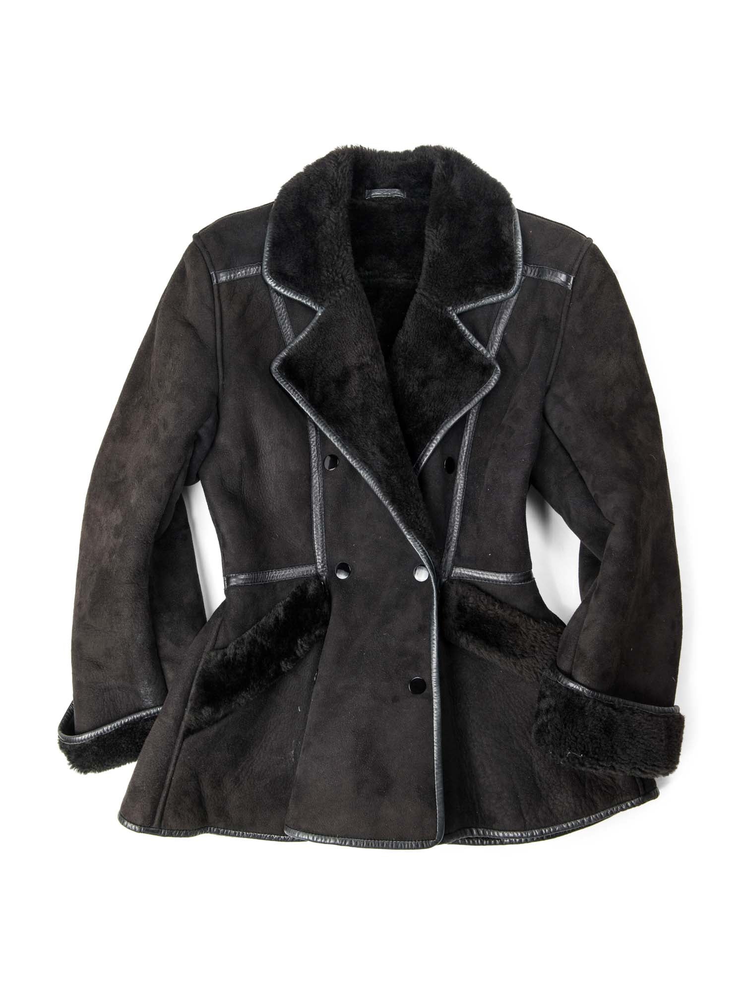 Pia Rucci Suede Shearling Leather Aline Peplum Coat Black-designer resale