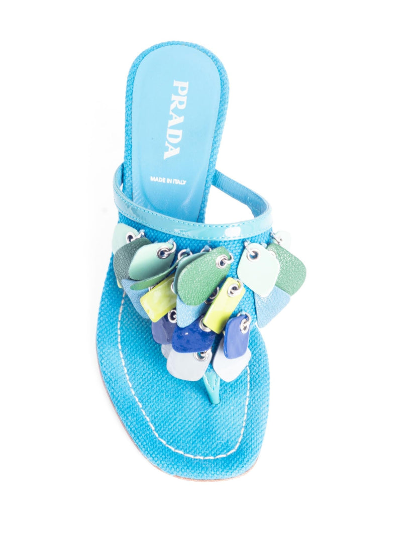 Prada Embellished Leather Kitten Heel Slip On Sandals Aqua Multicolor-designer resale