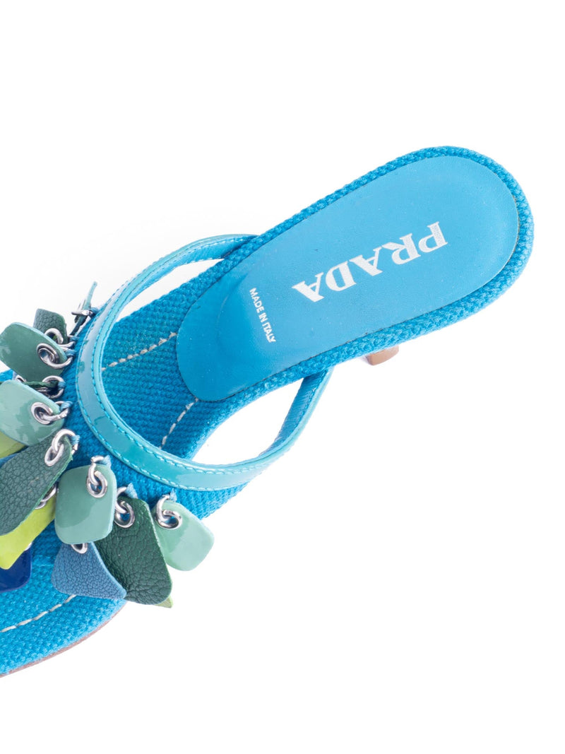 Prada Embellished Leather Kitten Heel Slip On Sandals Aqua Multicolor-designer resale