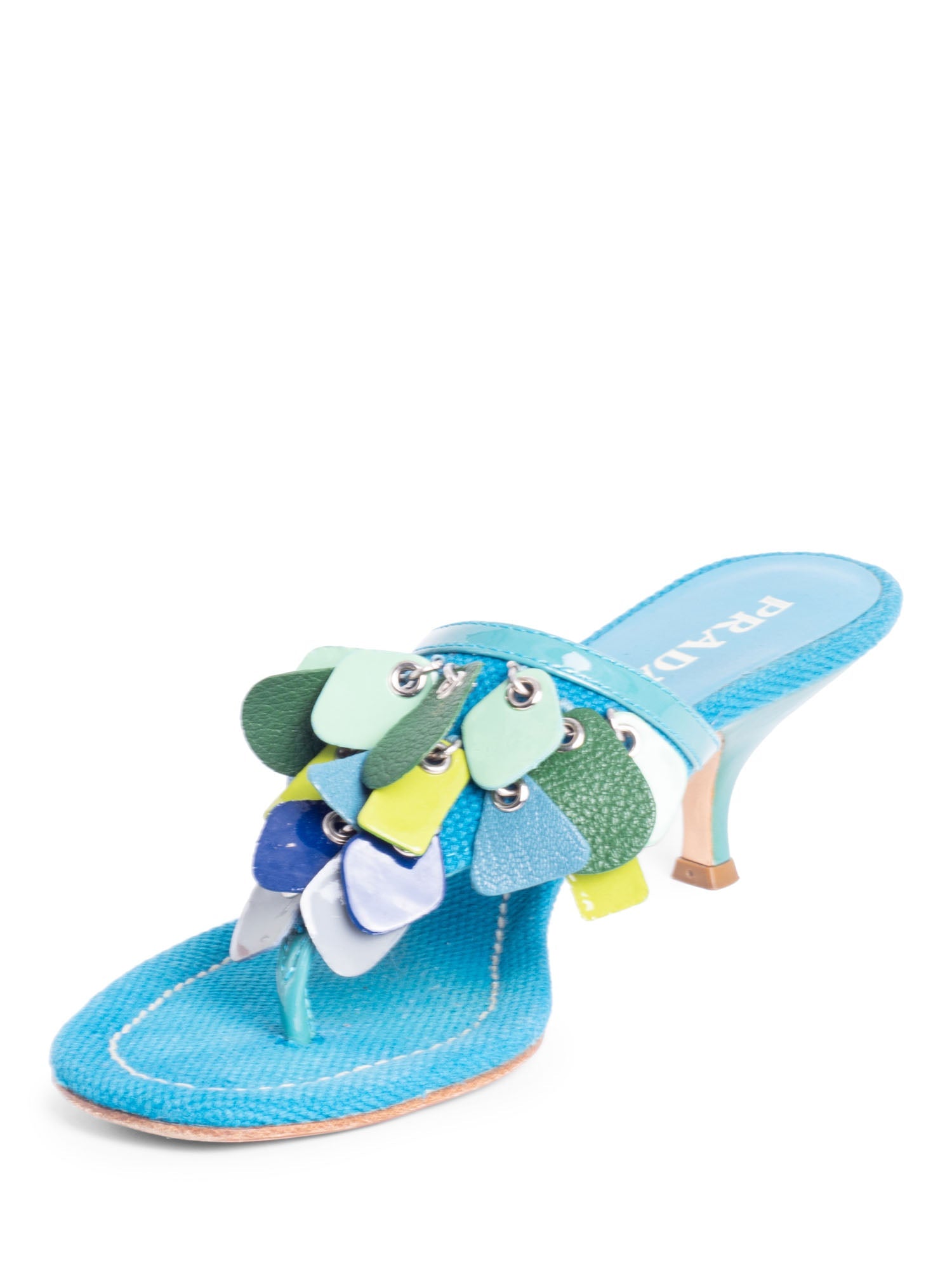 Prada Embellished Leather Kitten Heel Slip On Sandals Aqua Multicolor-designer resale