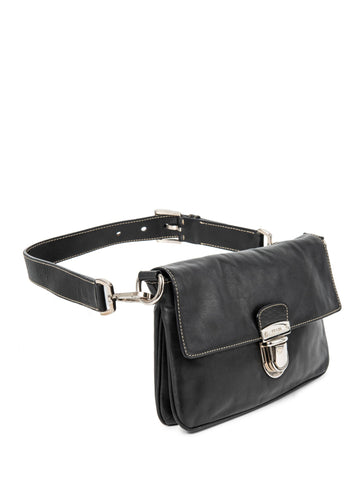 Prada Leather Logo Leather Flap Belt Bag Black Silver-designer resale