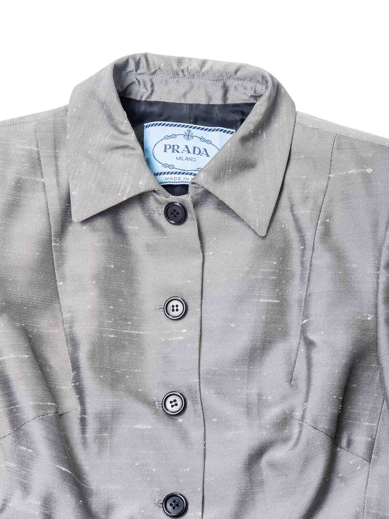 Prada Logo Belted Pocketed Button Up Fitted Jacket Grey-designer resale