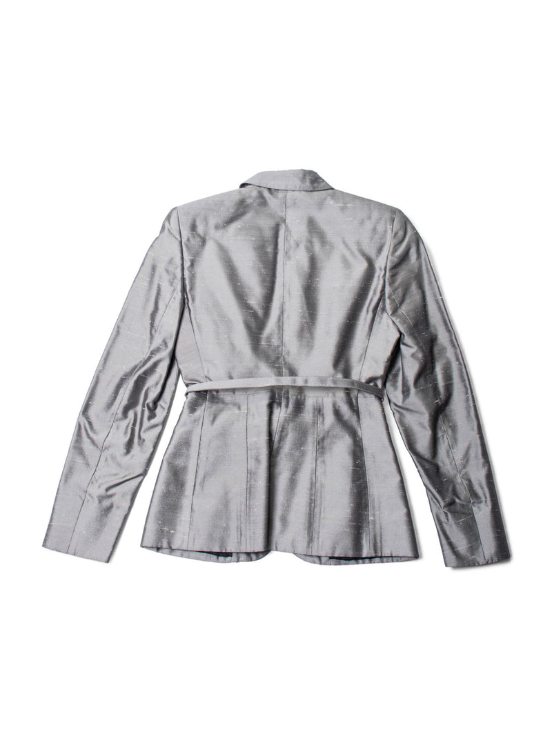 Prada Logo Belted Pocketed Button Up Fitted Jacket Grey