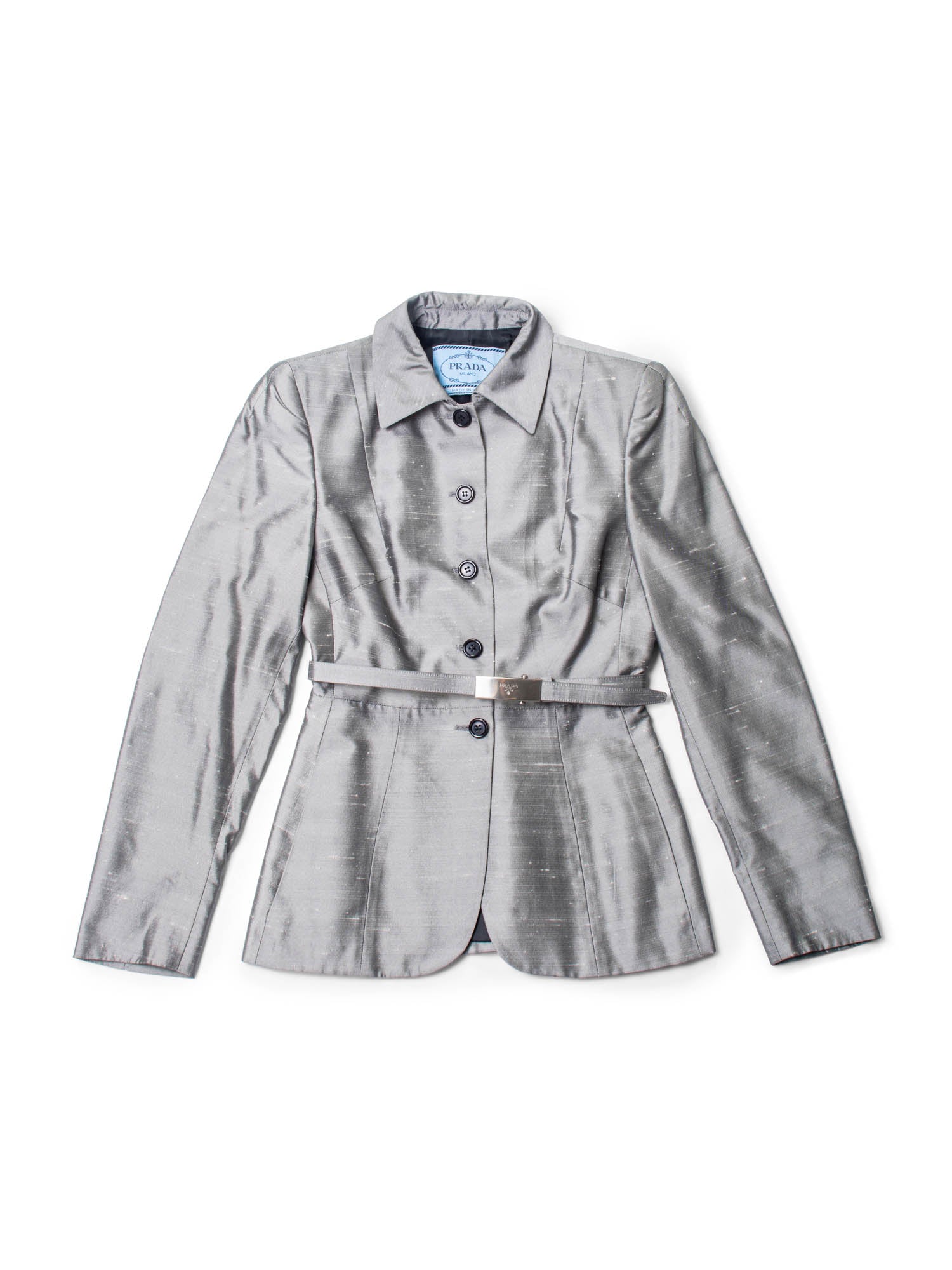 Prada Logo Belted Pocketed Button Up Fitted Jacket Grey-designer resale