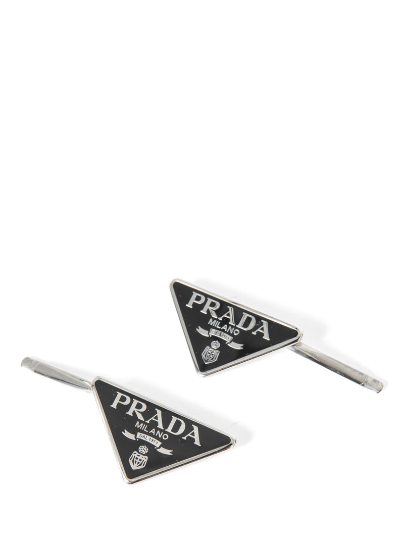 Prada Logo Hair Clip Set Black Silver-designer resale