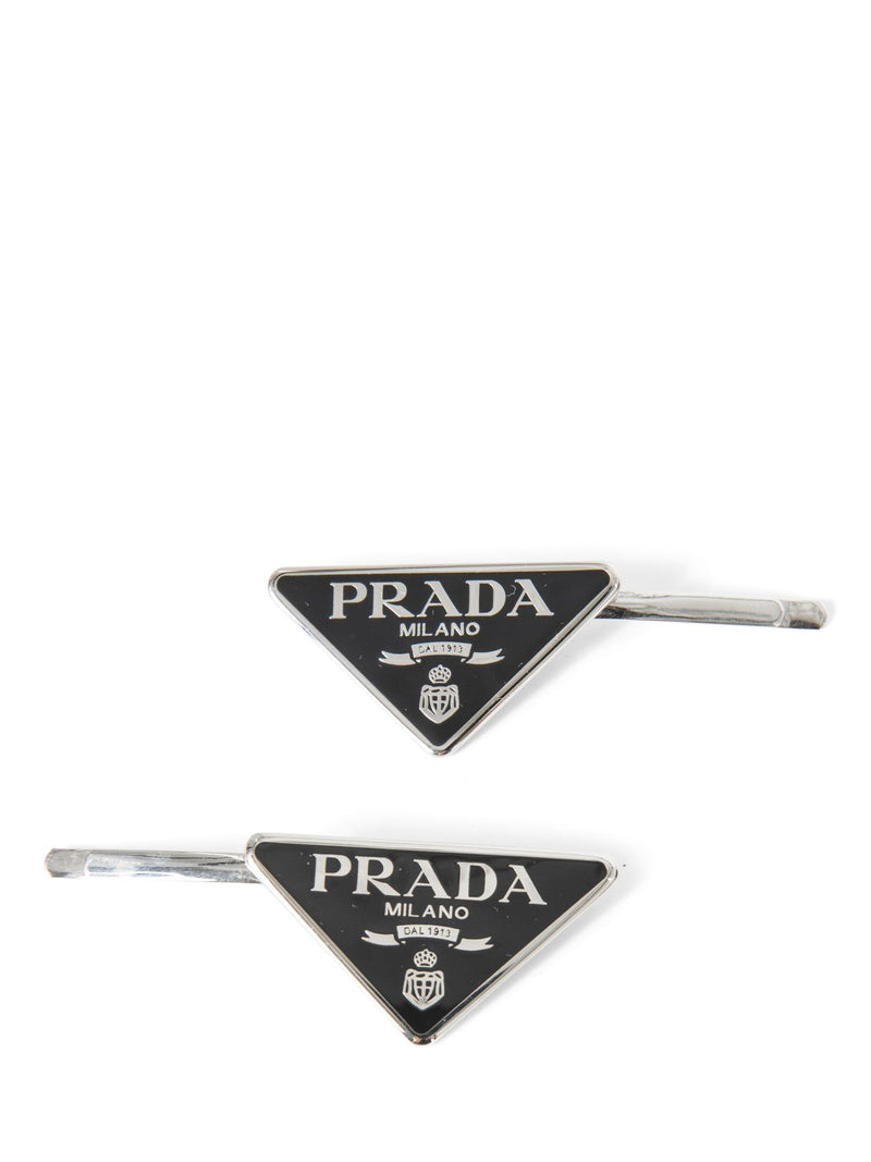 Prada Logo Hair Clip Set Black Silver-designer resale
