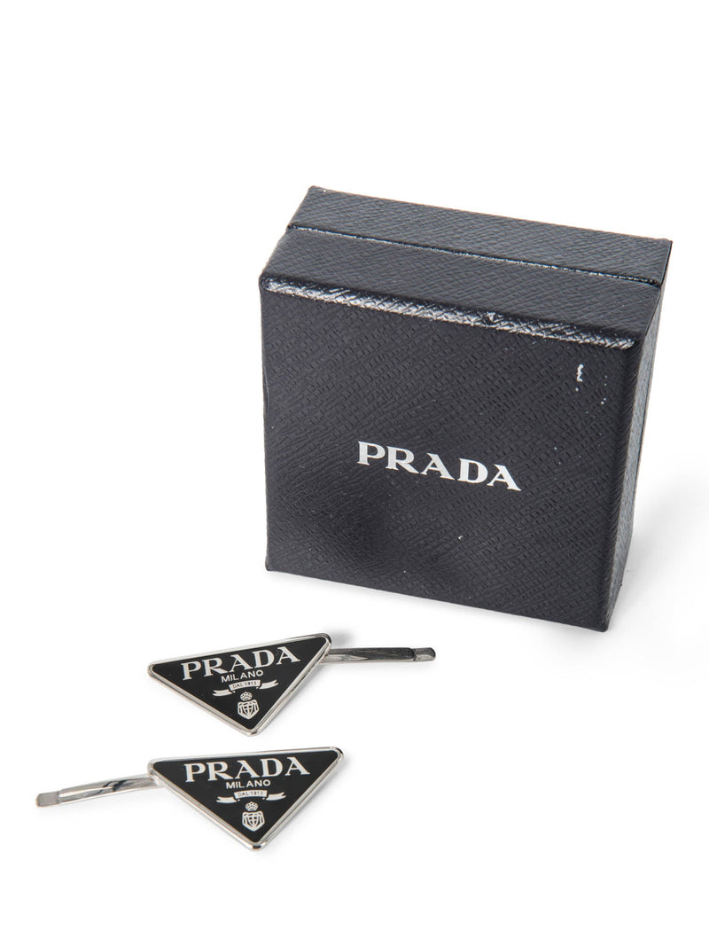 Prada Logo Hair Clip Set Black Silver-designer resale