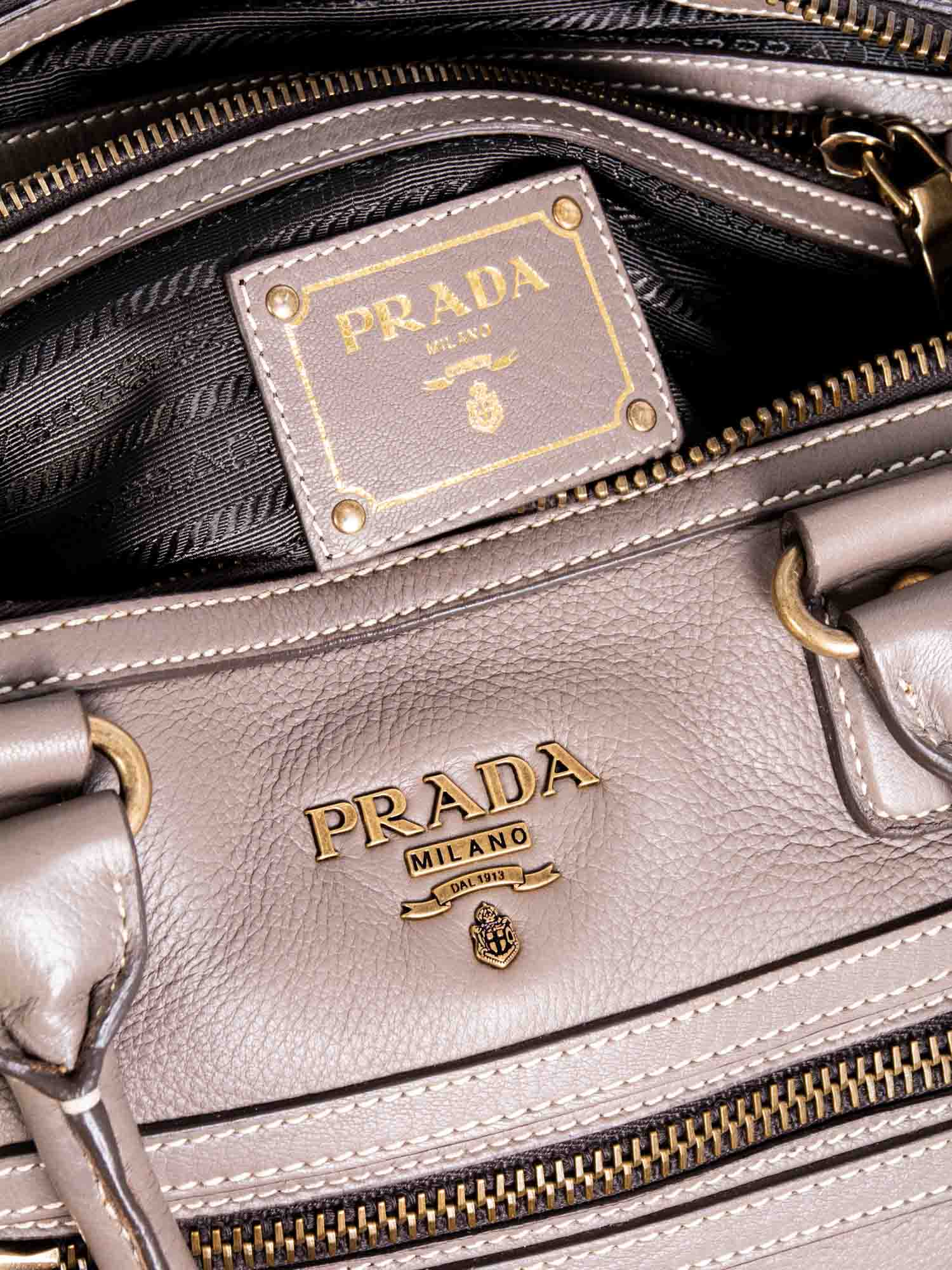 Prada Logo Leather Top Handle Messenger Bag Taupe