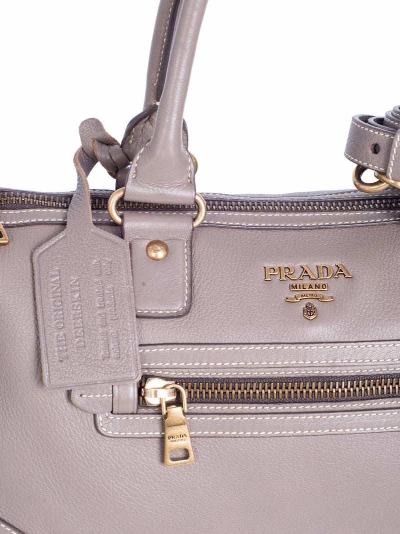 Prada Logo Leather Top Handle Messenger Bag Taupe-designer resale