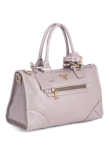 Prada Logo Leather Top Handle Messenger Bag Taupe-designer resale
