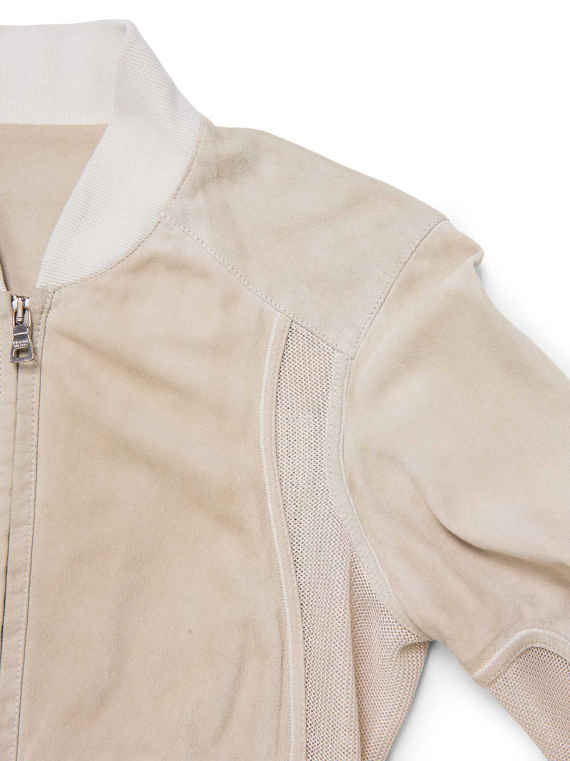Prada Logo Luxurious Suede Zippered Jacket Ivory-designer resale