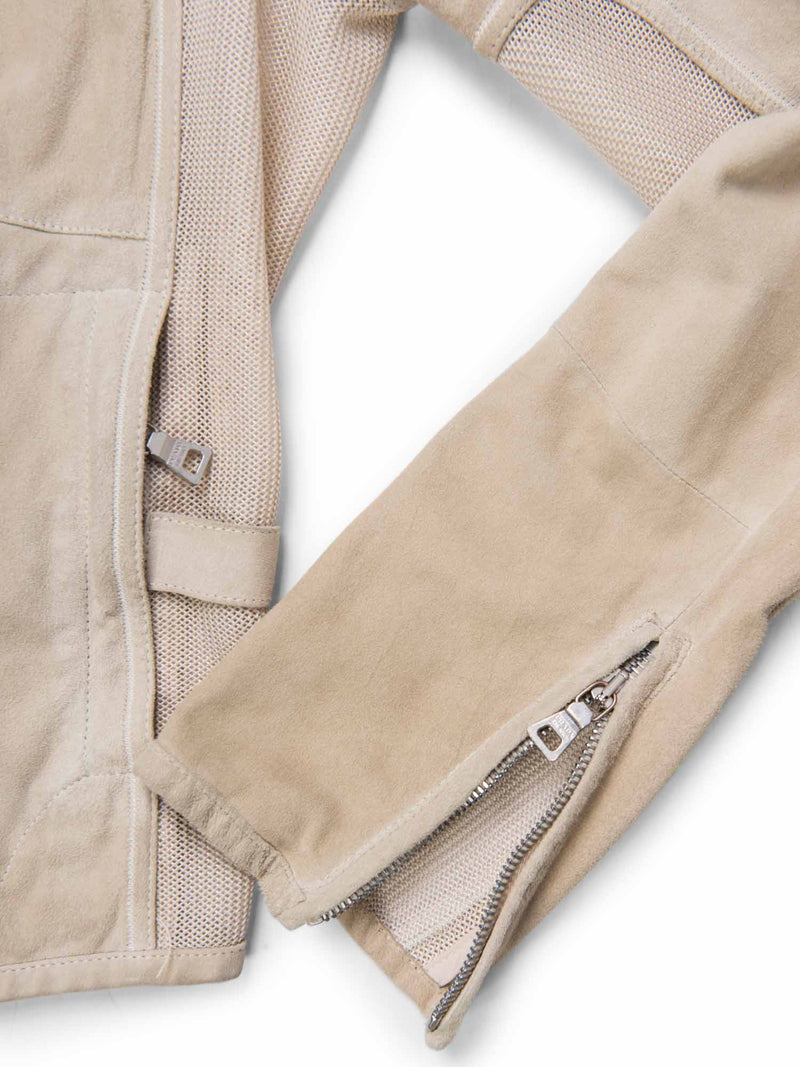 Prada Logo Luxurious Suede Zippered Jacket Ivory-designer resale